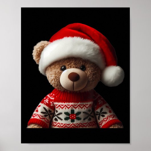 Teddy Bear With Santa Hat Christmas Xmas Lover Kid ポスター (正面)