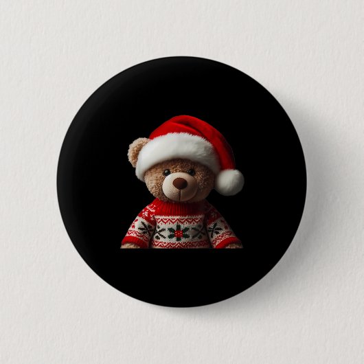 Teddy Bear With Santa Hat Christmas Xmas Lover Kid 缶バッジ (正面)