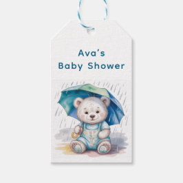 Teddy Bear With Umbrella Boy Baby Shower Thank You ギフトタグ