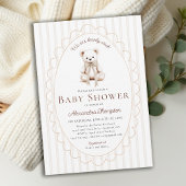 Teddy Bearly Wait Neutral Stripes Bow Baby Shower 招待状