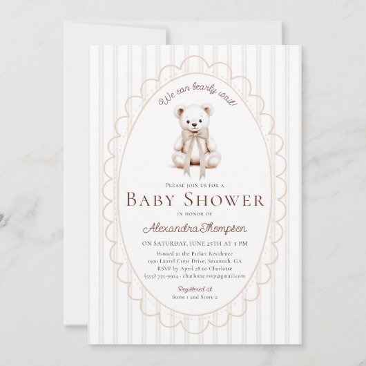 Teddy Bearly Wait Neutral Stripes Bow Baby Shower 招待状 (正面)