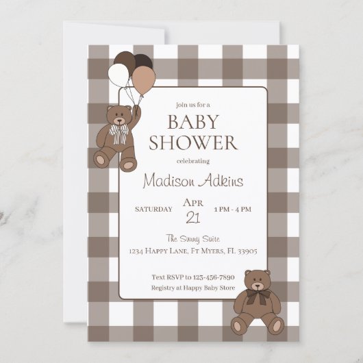 Teddy Bears Baby Boy Brown Baby Shower 招待状 (正面)