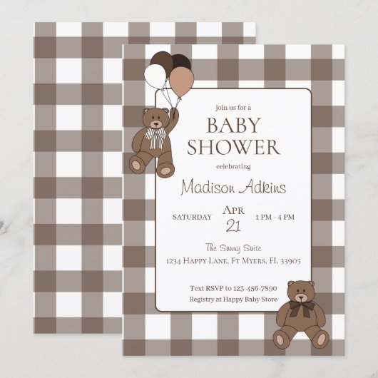 Teddy Bears Baby Boy Brown Baby Shower 招待状 (正面/裏面)