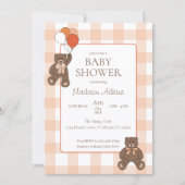Teddy Bears Baby Shower Balloons Bows Orange Plaid 招待状 (正面)