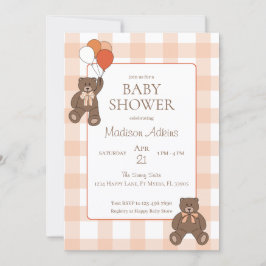 Teddy Bears Baby Shower Balloons Bows Orange Plaid 招待状