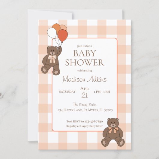 Teddy Bears Baby Shower Balloons Bows Orange Plaid 招待状 (正面)