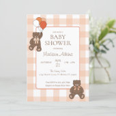 Teddy Bears Baby Shower Balloons Bows Orange Plaid 招待状 (スタンド正面)