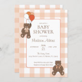 Teddy Bears Baby Shower Balloons Bows Orange Plaid 招待状 (正面/裏面)