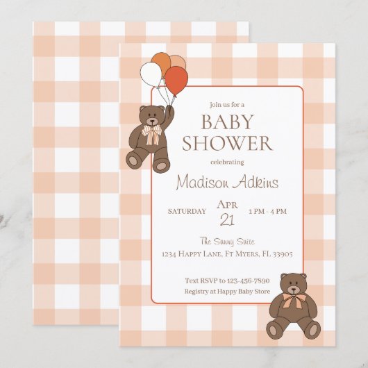 Teddy Bears Baby Shower Balloons Bows Orange Plaid 招待状 (正面/裏面)