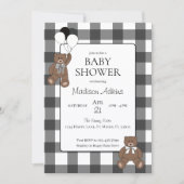 Teddy Bears Black Buffalo Check Baby Shower 招待状 (正面)
