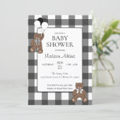 Teddy Bears Black Buffalo Check Baby Shower 招待状 (スタンド正面)