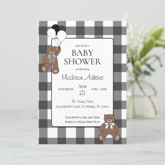 Teddy Bears Black Buffalo Check Baby Shower 招待状 (スタンド正面)