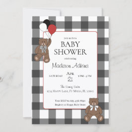 Teddy Bears Black White Buffalo Check Baby Shower 招待状