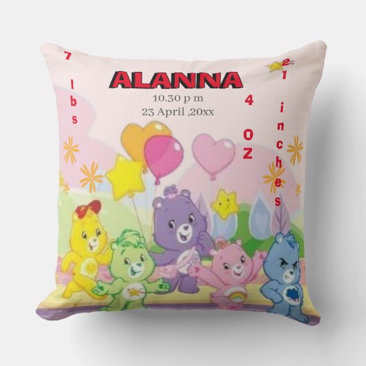 Teddy Bears Celebrate Birth Stats Pink クッション (正面)