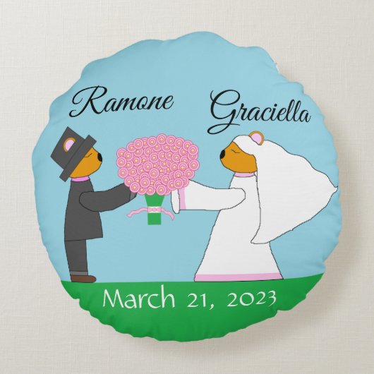 Teddy Bears Getting Marks 結婚: ラウンドクッション (裏面)