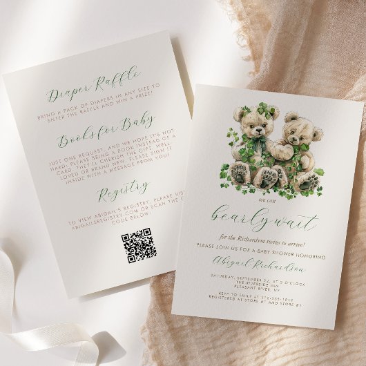 Teddy Bears Green Ivy Twins QRコードベビーシャワー 招待状