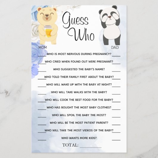 Teddy Bears Guess Who Baby Shower Game Card チラシ (正面)