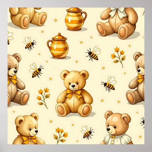 Teddy Bears Honey Bees Nursery Pattern ポスター (正面)