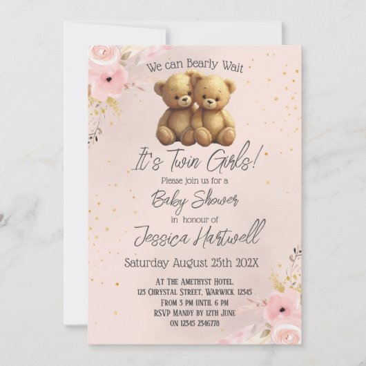 Teddy Bears Twin Girls Baby Shower Invitation 招待状 (正面)