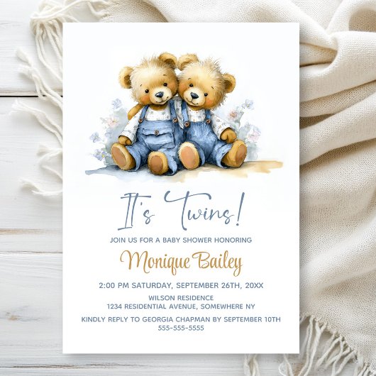 Teddy Bears Twins Baby Shower 招待状