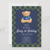 Teddy Beary 1st Birthday Checkboard Blue Green 招待状 (正面)