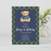 Teddy Beary 1st Birthday Checkboard Blue Green 招待状 (スタンド正面)