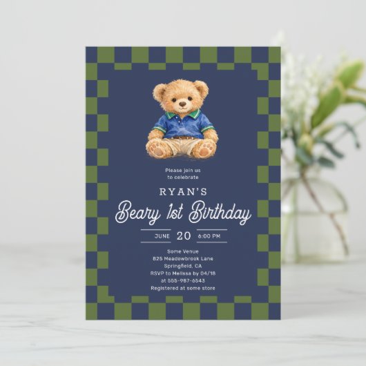Teddy Beary 1st Birthday Checkboard Blue Green 招待状 (スタンド正面)