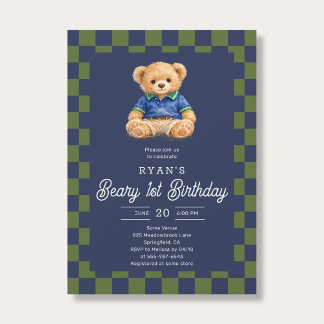 Teddy Beary 1st Birthday Checkboard Blue Green 招待状
