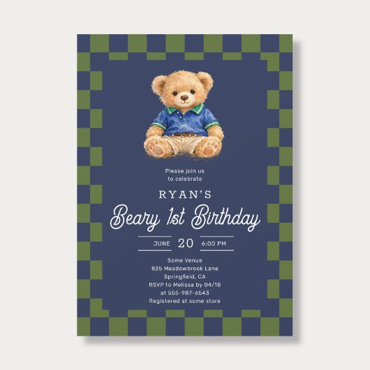 Teddy Beary 1st Birthday Checkboard Blue Green 招待状