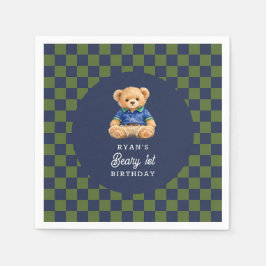 Teddy Beary 1st Birthday Checkboard Paper Napkin スタンダードカクテルナプキン