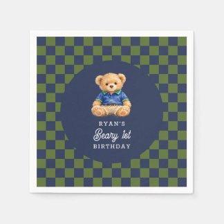 Teddy Beary 1st Birthday Checkboard Paper Napkin スタンダードカクテルナプキン