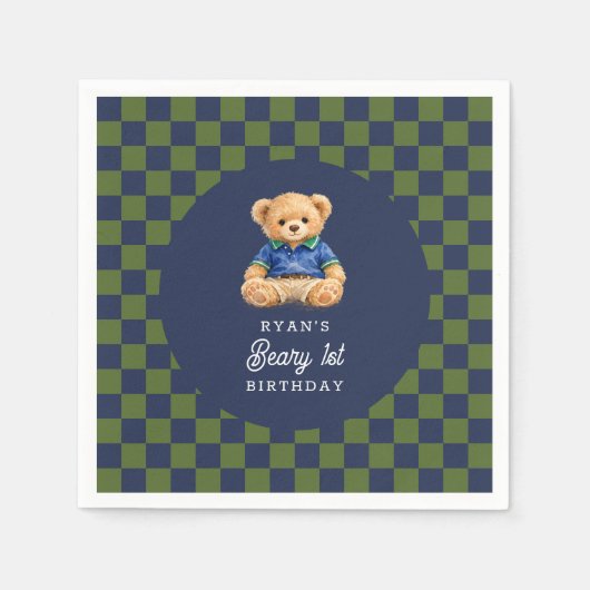 Teddy Beary 1st Birthday Checkboard Paper Napkin スタンダードカクテルナプキン (正面)