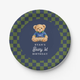 Teddy Beary 1st Birthday Checkboard Retro ペーパープレート
