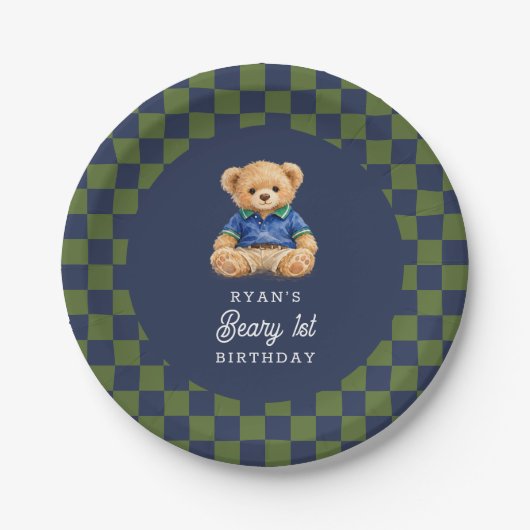 Teddy Beary 1st Birthday Checkboard Retro ペーパープレート (正面)