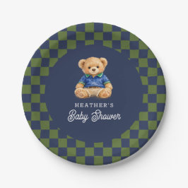 Teddy Beary Checkboard Retro Baby Shower ペーパープレート