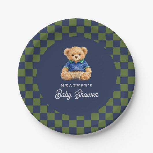 Teddy Beary Checkboard Retro Baby Shower ペーパープレート (正面)