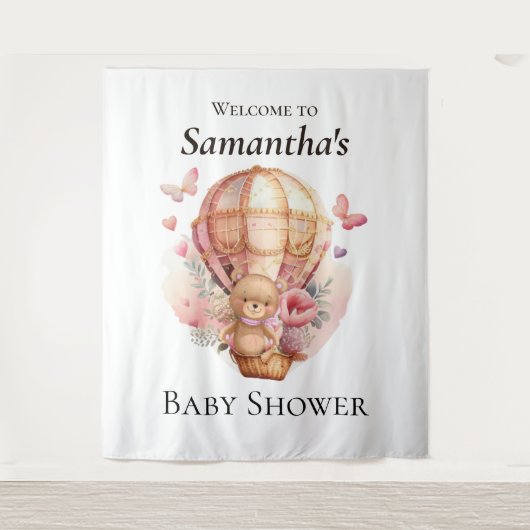 Teddy Foral Girl Balloon Baby Shower背景 タペストリー (正面)