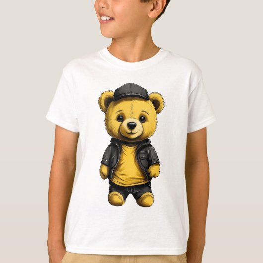 Teddy Hug：黄色シンプルと黒のTeddy Bear Kids Tシャツ (正面)