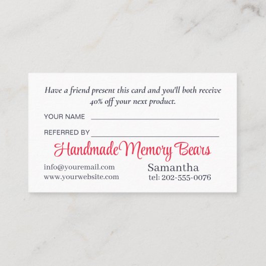 Teddy Memory Bear Business 紹介カード (裏面)