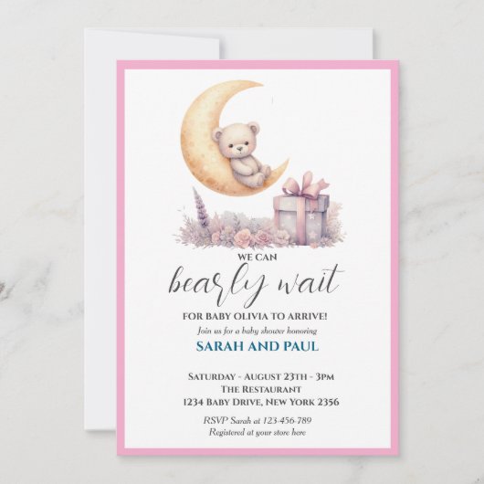 Teddy Pink Bear We Can Bearly Wait  招待状 (正面)