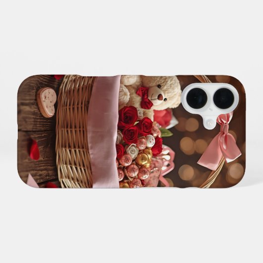 Teddy Rose Basket Romantic Valentine Aesthetic iPhone 16ケース (裏面横)