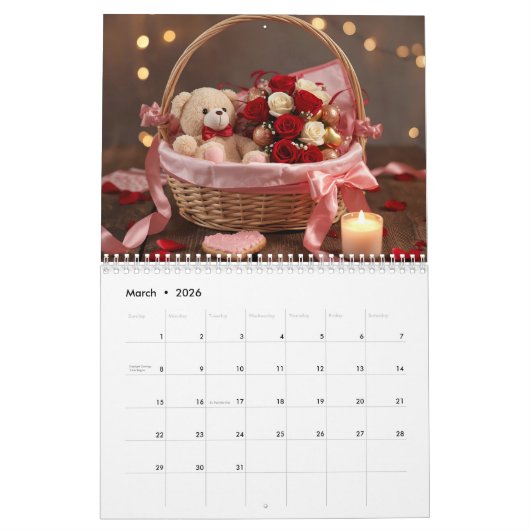 Teddy Rose Basket Romantic Valentine Desk  カレンダー (3月 2026)