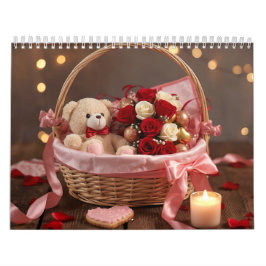 Teddy Rose Basket Romantic Valentine Desk  カレンダー