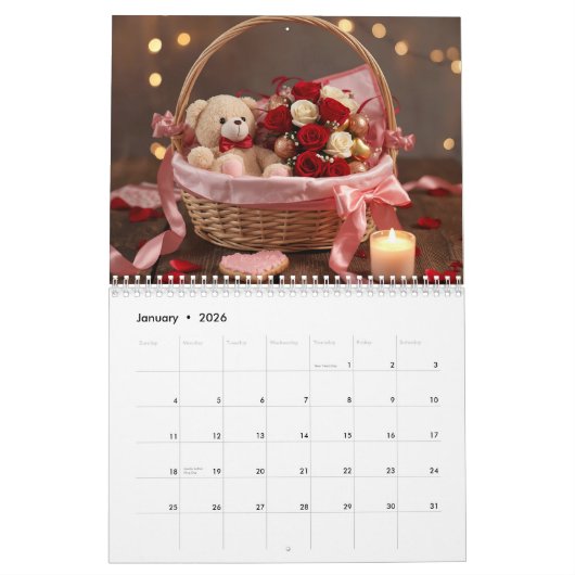 Teddy Rose Basket Romantic Valentine Desk  カレンダー (1月 2026)