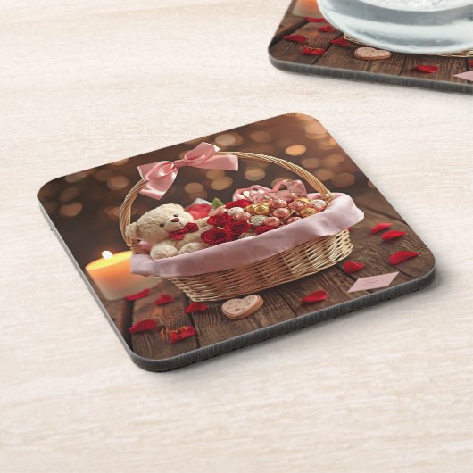 Teddy Rose Basket Romantic Valentine Heart Drink コースター (左側)