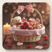 Teddy Rose Basket Romantic Valentine Heart Drink コースター (正面)