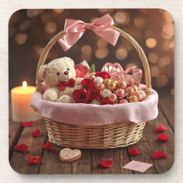 Teddy Rose Basket Romantic Valentine Heart Drink コースター