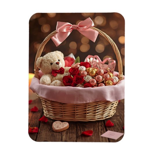 Teddy Rose Basket Romantic Valentine Heart Fridge マグネット (縦)