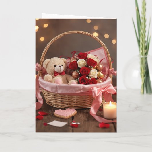 Teddy Rose Basket Romantic Valentine Love Greeting カード (裏面)