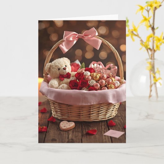 Teddy Rose Basket Romantic Valentine Love Greeting カード (黄色い花)
